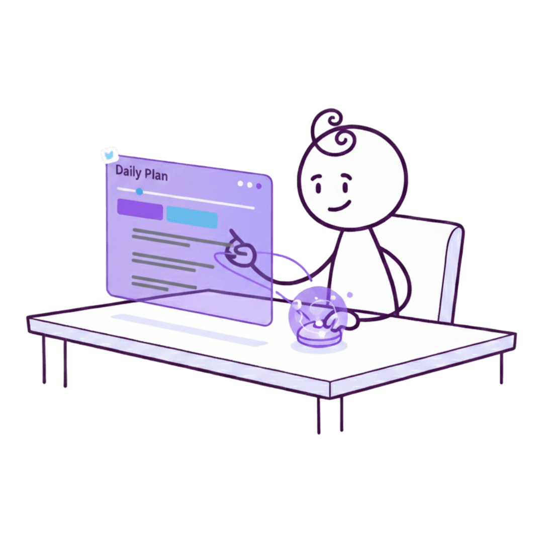 Doodle working at desk with daily plan interface